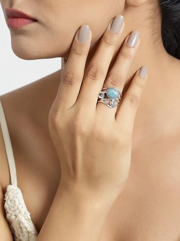 YoTreasure Natural Larimar Blue Topaz 925 الفضة الاسترليني العتيقة ثلاثة حجر الالتفافية الدائري in Kuwait