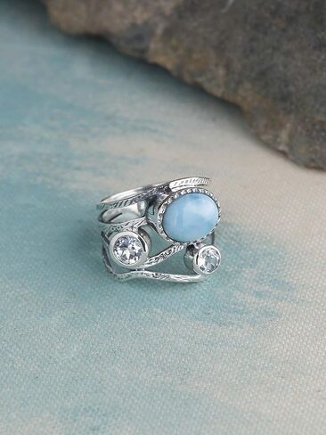 YoTreasure Natural Larimar Blue Topaz 925 الفضة الاسترليني العتيقة ثلاثة حجر الالتفافية الدائري in Kuwait