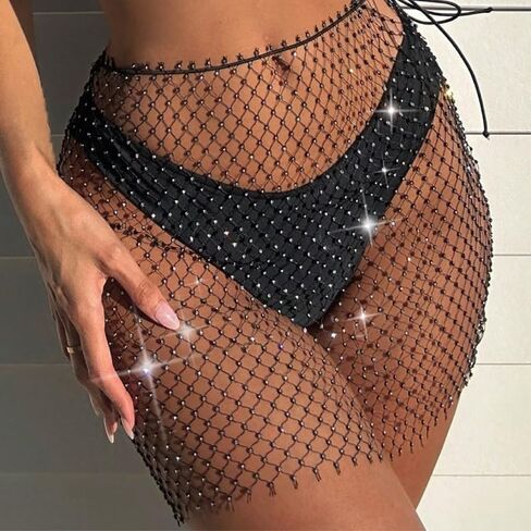 Women Rave See Through Hollow Out Rhinestone Bikini Cover Up Skirt Festival in Kuwait