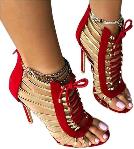 Gladiator Heels for Women Sexy Lace Up Stiletto Sandals Gold Strappy Cage Heels Dressy Party Club Shoes with Zipper in Kuwait