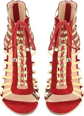 Gladiator Heels for Women Sexy Lace Up Stiletto Sandals Gold Strappy Cage Heels Dressy Party Club Shoes with Zipper in Kuwait
