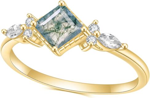 خواتم عقيق الطحلب الأخضر من Gem's Beauty ذهب عيار 14 قيراط/ذهب وردي عيار 14 قيراط خاتم خطوبة بثلاثة أحجار من الفضة الإسترلينية عيار 925 خاتم ذهبي نسائي هدايا لها in Kuwait