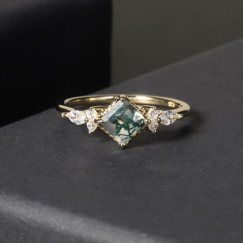 خواتم عقيق الطحلب الأخضر من Gem's Beauty ذهب عيار 14 قيراط/ذهب وردي عيار 14 قيراط خاتم خطوبة بثلاثة أحجار من الفضة الإسترلينية عيار 925 خاتم ذهبي نسائي هدايا لها in Kuwait
