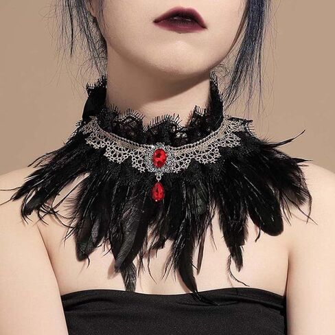 Earent القوطية الطبيعية ريشة طوق قلادة الدانتيل الأسود كريستال المختنق القلائد سلسلة هالوين حزب زي الاكسسوارات الرقبة مجوهرات للنساء والفتيات in Kuwait