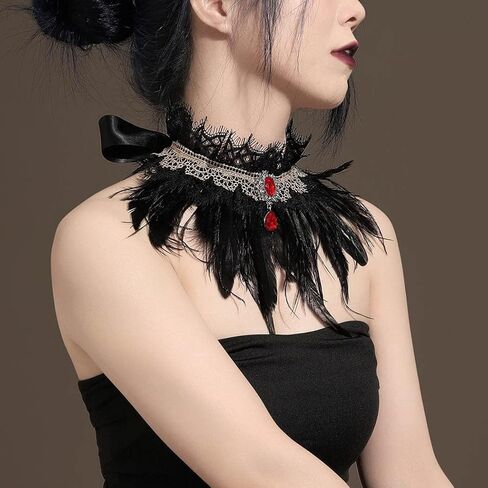 Earent القوطية الطبيعية ريشة طوق قلادة الدانتيل الأسود كريستال المختنق القلائد سلسلة هالوين حزب زي الاكسسوارات الرقبة مجوهرات للنساء والفتيات in Kuwait