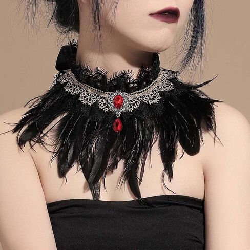 Earent القوطية الطبيعية ريشة طوق قلادة الدانتيل الأسود كريستال المختنق القلائد سلسلة هالوين حزب زي الاكسسوارات الرقبة مجوهرات للنساء والفتيات in Kuwait