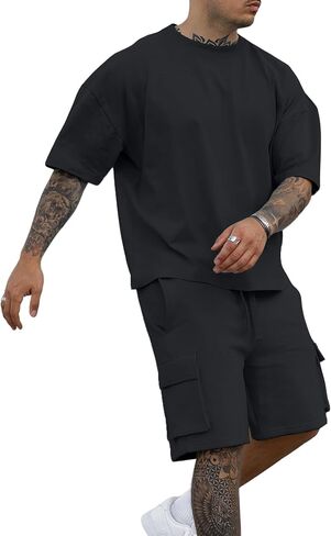 YawYews Men's 2 Piece Outfits Casual Tracksuit Cargo Shorts Summer Athletic Drop Shoulder Sleeve Sportwear Set in Kuwait