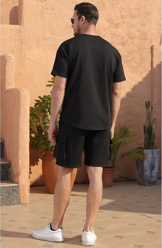 YawYews Men's 2 Piece Outfits Casual Tracksuit Cargo Shorts Summer Athletic Drop Shoulder Sleeve Sportwear Set in Kuwait