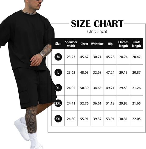 YawYews Men's 2 Piece Outfits Casual Tracksuit Cargo Shorts Summer Athletic Drop Shoulder Sleeve Sportwear Set in Kuwait