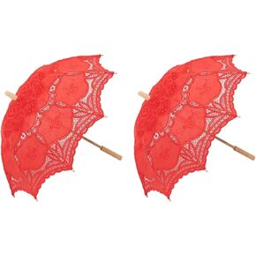 THY COLLECTIBLES Pack of 2 Cotton Lace Parasols Umbrellas with Wooden Handle Vintage Lolita Coquette Look for Wedding Bridal Umbrella Decoration for Photoshoot, Costume Theme Party, Halloween