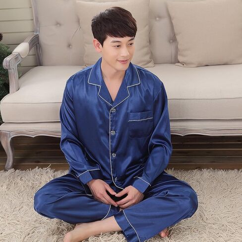 ZUEVI Men's Stain Pajamas set Classic Silk like Sleepwear Set Button-Down Loungwear Pj Sets in Saudi Arabia