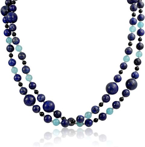 Bling Jewelry Long Wrap Around Layer Blue Shades Aqua Quartz Blue Lapis Black Onyx Gemstone Ball Bead Strand Necklace For Women 40 Inch in Kuwait