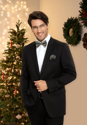 HISDERN Christmas Bow Tie and Pocket Square Set Pre Tied Bowties for Men Xmas Festival Woven Bowtie with Handkerchief in Kuwait
