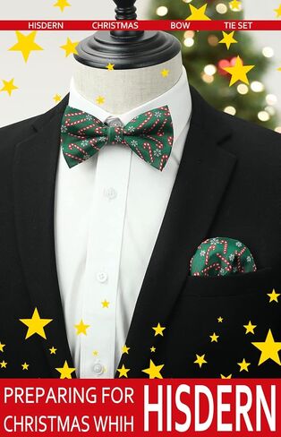 HISDERN Christmas Bow Tie and Pocket Square Set Pre Tied Bowties for Men Xmas Festival Woven Bowtie with Handkerchief in Kuwait