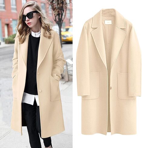 اومون معاطف صوف للنساء بياقة مدببة بازرار متوسطة الطول معاطف البازلاء الدافئة السميكة in Kuwait