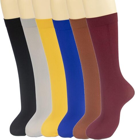 KLCM 6 Pairs Super Stretchy Opaque Knee High Pretty Dress Sock for Women, Brilliant Colors, Aesthetic Comfy Trouser Nylon Socks, Multicolor in Kuwait
