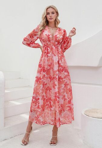 فستان Sissyaki النسائي 2024 بأكمام طويلة بنقشة الزهور ماكسي ورقبة على شكل حرف V فستان طويل كاجوال in Kuwait