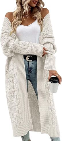 Onedreamer Womens Long Cardigan Cable Knit Open Front Long Sleeve Sweater Coats with Pockets in Kuwait
