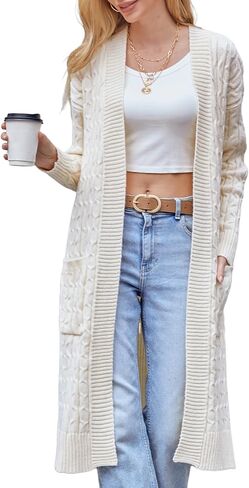 Onedreamer Womens Long Cardigan Cable Knit Open Front Long Sleeve Sweater Coats with Pockets in Kuwait