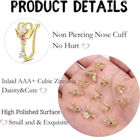 Subiceto 12 قطعة من حلقات الأنف المزيفة للنساء، أصفاد الأنف المتدلية، مشبك صناعي على حلقة الأنف للأنف غير المثقوب ذهبي in Kuwait