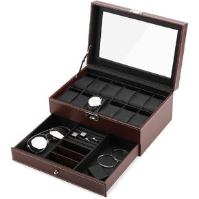 صناديق ساعات JS NOVA JUNS للرجال والنساء، 12 فتحة من جلد البولي يوريثان قابلة للقفل مع درج عرض المجوهرات، أسود in Kuwait