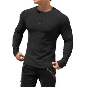 Men's Slim Fit Muscle Henley Shirts Cotton Short/Long Sleeve T-Shirt Stretchy Casual Stylish Ribbed Tee