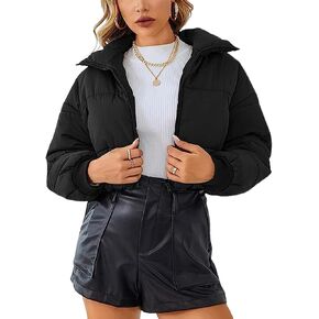 Yimoon Women's Winter Cropped Zip Up Padded Coats Warm Loose Band Collar Puffer Jacket(Black-S) in Saudi Arabia