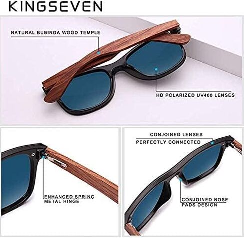نظارات شمسية خشبية من KINGSEVEN حماية من الأشعة فوق البنفسجية 400، عدسات عاكسة، إطار Bubinga خفيف للغاية B5504 in Kuwait