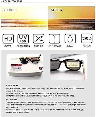 نظارات شمسية خشبية من KINGSEVEN حماية من الأشعة فوق البنفسجية 400، عدسات عاكسة، إطار Bubinga خفيف للغاية B5504 in Kuwait
