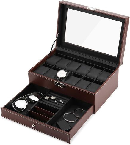 صناديق ساعات JS NOVA JUNS للرجال والنساء، 12 فتحة من جلد البولي يوريثان قابلة للقفل مع درج عرض المجوهرات، أسود in Kuwait