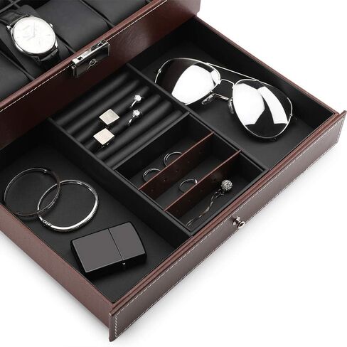 صناديق ساعات JS NOVA JUNS للرجال والنساء، 12 فتحة من جلد البولي يوريثان قابلة للقفل مع درج عرض المجوهرات، أسود in Kuwait