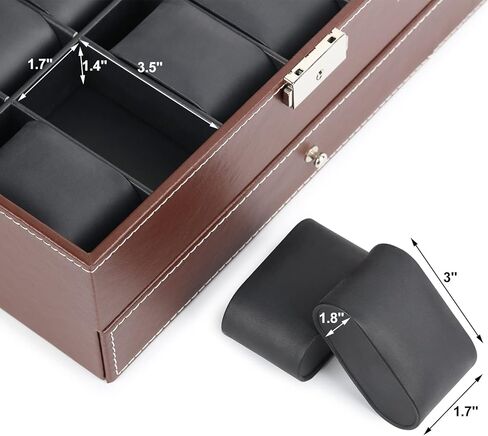 صناديق ساعات JS NOVA JUNS للرجال والنساء، 12 فتحة من جلد البولي يوريثان قابلة للقفل مع درج عرض المجوهرات، أسود in Kuwait