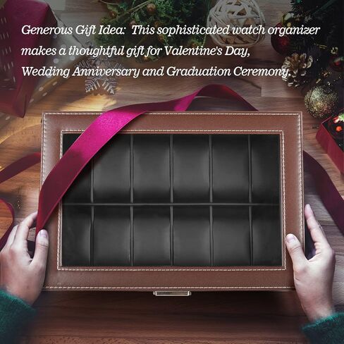 صناديق ساعات JS NOVA JUNS للرجال والنساء، 12 فتحة من جلد البولي يوريثان قابلة للقفل مع درج عرض المجوهرات، أسود in Kuwait