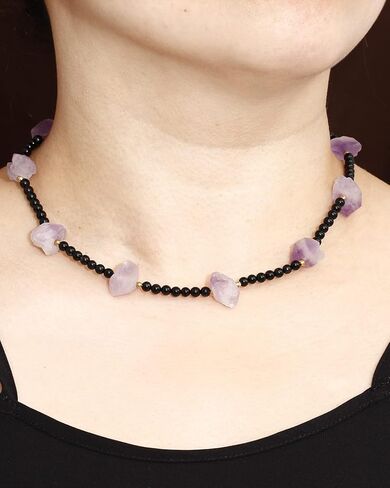 قلادة من الكريستال الجمشت الخام من Lightock للنساء من حجر السج الأسود قلادات مطرزة ببلورات شفاء وأحجار كريمة 18 بوصة in Kuwait