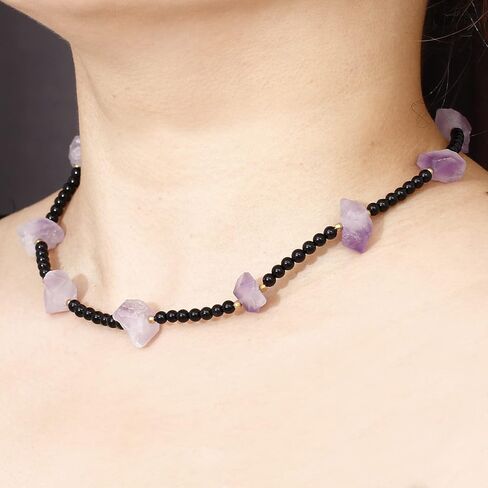 قلادة من الكريستال الجمشت الخام من Lightock للنساء من حجر السج الأسود قلادات مطرزة ببلورات شفاء وأحجار كريمة 18 بوصة in Kuwait