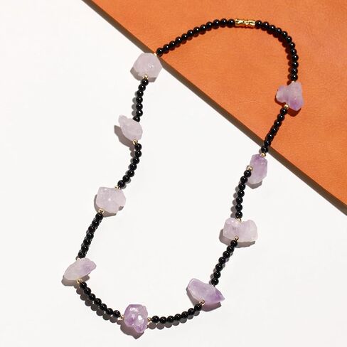 قلادة من الكريستال الجمشت الخام من Lightock للنساء من حجر السج الأسود قلادات مطرزة ببلورات شفاء وأحجار كريمة 18 بوصة in Kuwait