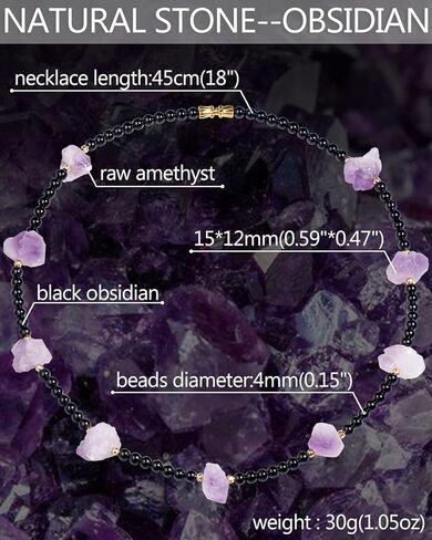 قلادة من الكريستال الجمشت الخام من Lightock للنساء من حجر السج الأسود قلادات مطرزة ببلورات شفاء وأحجار كريمة 18 بوصة in Kuwait