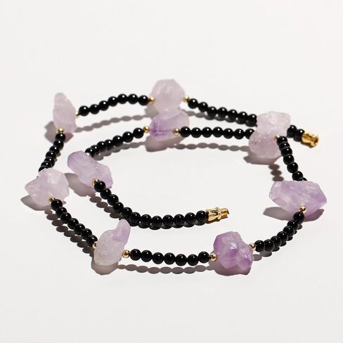 قلادة من الكريستال الجمشت الخام من Lightock للنساء من حجر السج الأسود قلادات مطرزة ببلورات شفاء وأحجار كريمة 18 بوصة in Kuwait