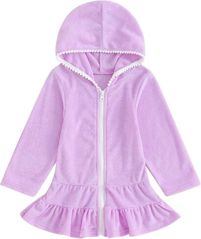 Girls Swim Cover Up Kid Hooded Zip-Up Terry Swimsuit Coverup Towel Bathing Suit Bathrobe Pool Swim Beach Robe Dress (Z Purple, 3-4 Years) in Saudi Arabia
