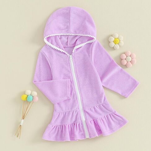 Girls Swim Cover Up Kid Hooded Zip-Up Terry Swimsuit Coverup Towel Bathing Suit Bathrobe Pool Swim Beach Robe Dress (Z Purple, 3-4 Years) in Saudi Arabia