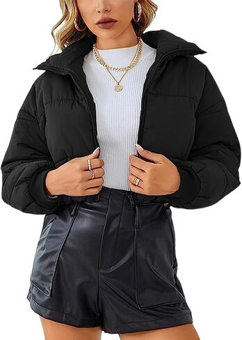 Yimoon Women's Winter Cropped Zip Up Padded Coats Warm Loose Band Collar Puffer Jacket(Black-S) in Saudi Arabia
