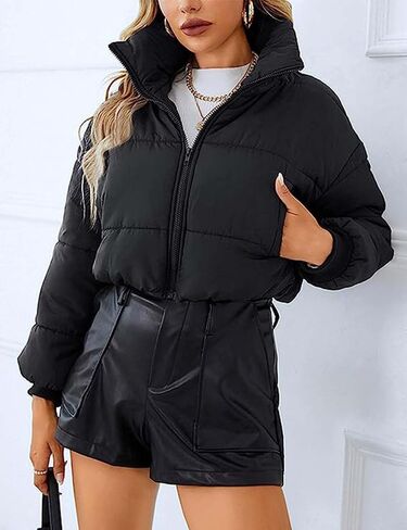 Yimoon Women's Winter Cropped Zip Up Padded Coats Warm Loose Band Collar Puffer Jacket(Black-S) in Saudi Arabia