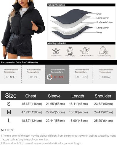 Yimoon Women's Winter Cropped Zip Up Padded Coats Warm Loose Band Collar Puffer Jacket(Black-S) in Saudi Arabia