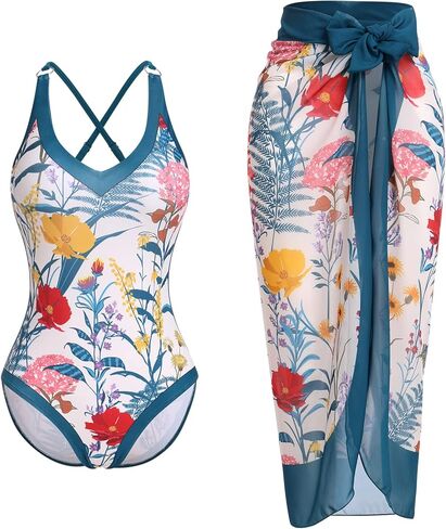Women's One Piece Swimsuit with Beach Cover up Wrap Skirt Floral Tummy Control Tankini Set 2 Piece Swimsuit Outfits in Kuwait