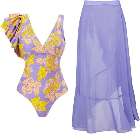 Women's One Piece Swimsuit with Beach Cover up Wrap Skirt Floral Tummy Control Tankini Set 2 Piece Swimsuit Outfits in Kuwait