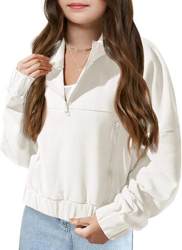 Girls Half Zip Up Hoodies Kids Fashion Loose Hooded Sweatshirts with Pockets 3-14 Years in Kuwait