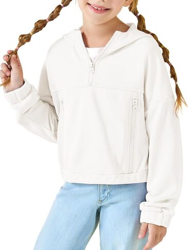 Girls Half Zip Up Hoodies Kids Fashion Loose Hooded Sweatshirts with Pockets 3-14 Years in Kuwait