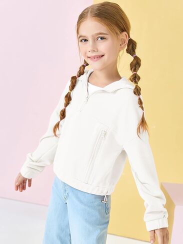 Girls Half Zip Up Hoodies Kids Fashion Loose Hooded Sweatshirts with Pockets 3-14 Years in Kuwait