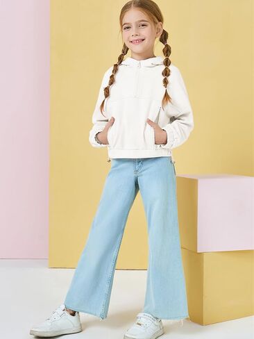 Girls Half Zip Up Hoodies Kids Fashion Loose Hooded Sweatshirts with Pockets 3-14 Years in Kuwait