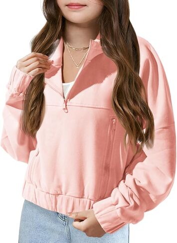 Girls Half Zip Up Hoodies Kids Fashion Loose Hooded Sweatshirts with Pockets 3-14 Years in Kuwait